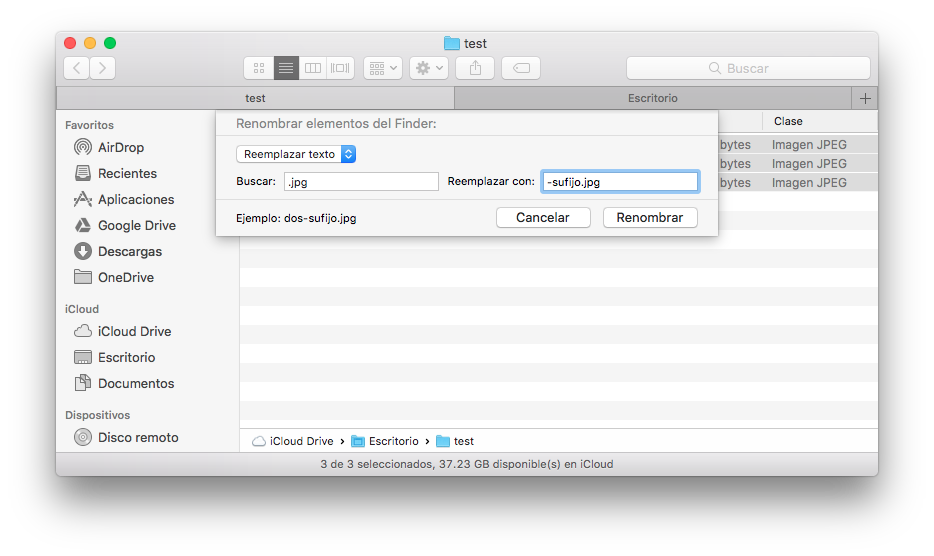 Agregar un sufijo a un lote de archivos en macOS